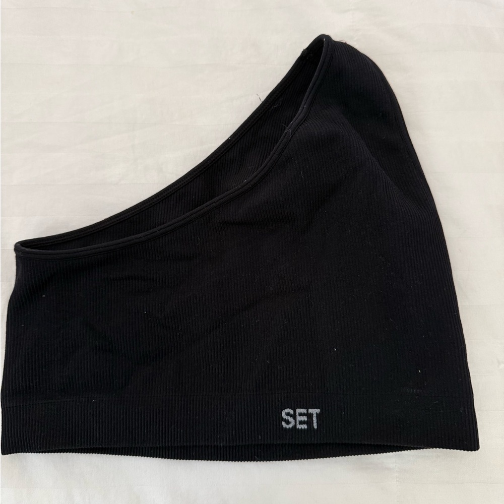 Set Active One-Shoulder Black Ribbed Crop Bra | Women’s S